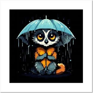 Lemur Rainy Day With Umbrella Posters and Art